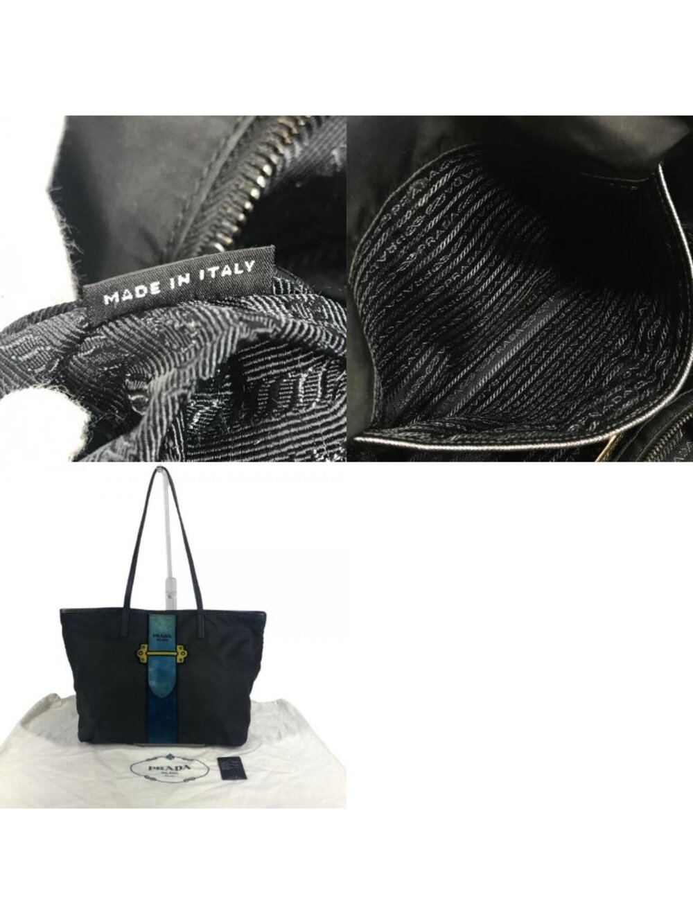 Prada Tote Kaietron Pull Belt Logo Stripe Leather Nylon Black - Picture 9 of 9
